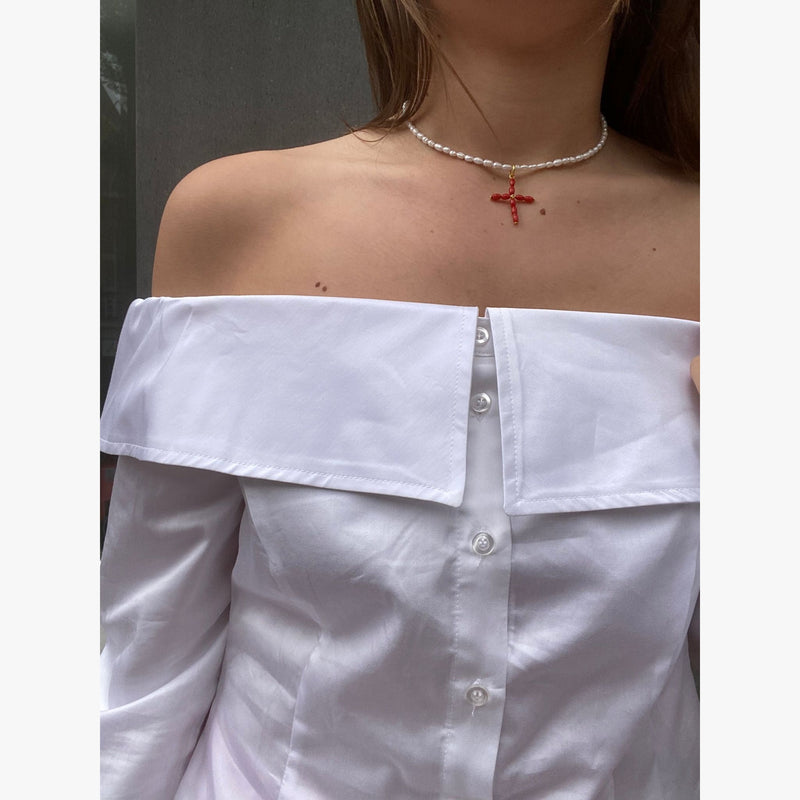 FIEN - Red coral cross pearl charm