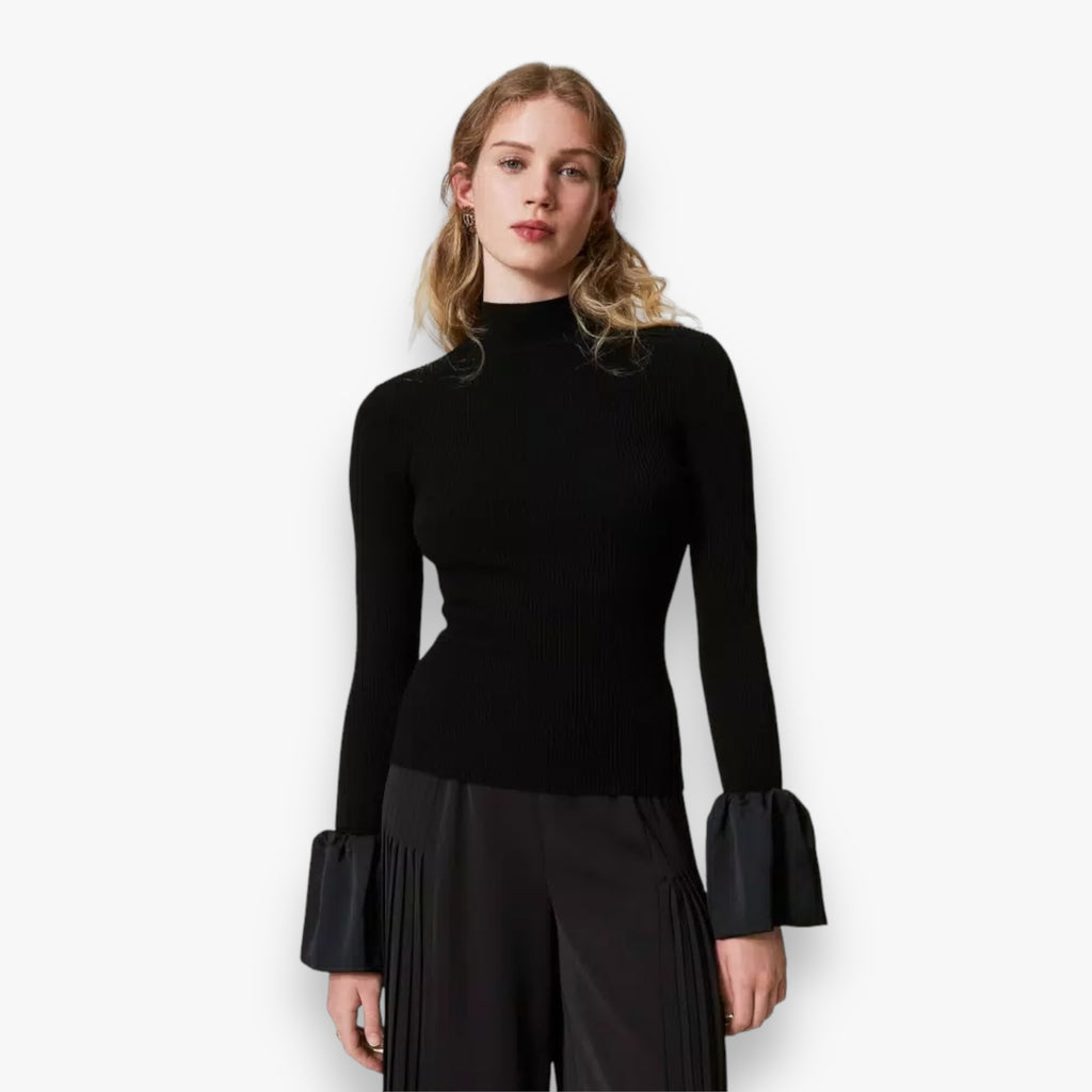 zwarte-dames-trui-met-turtleneck-satijnen-ruche-manchetten-getailleerd-van-twinset-milano-she-stories-gwen