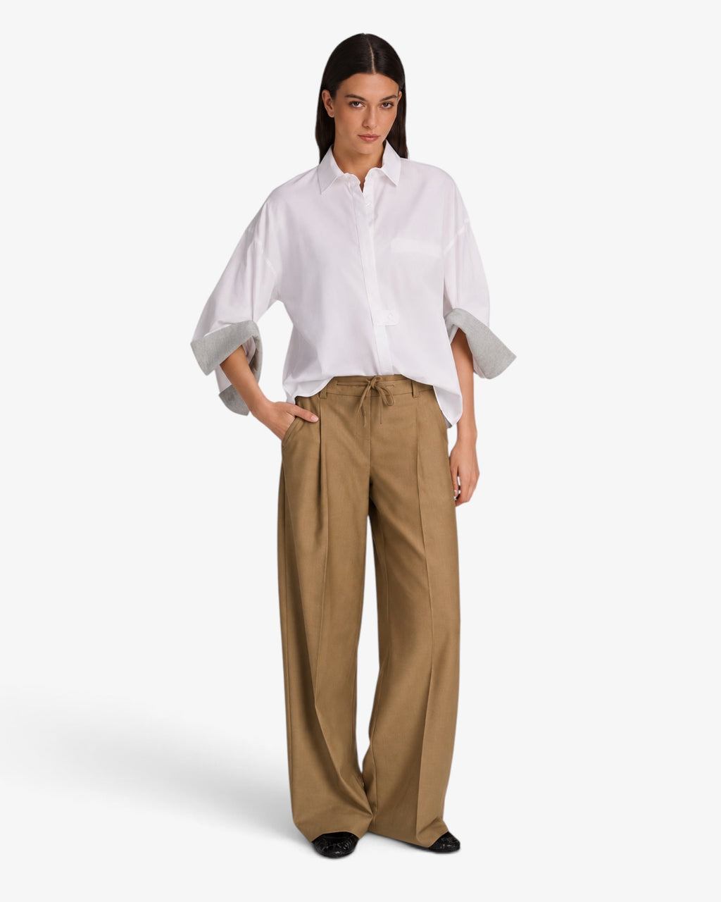  March23 wide leg pantalon in olive met plooien en trekkoord