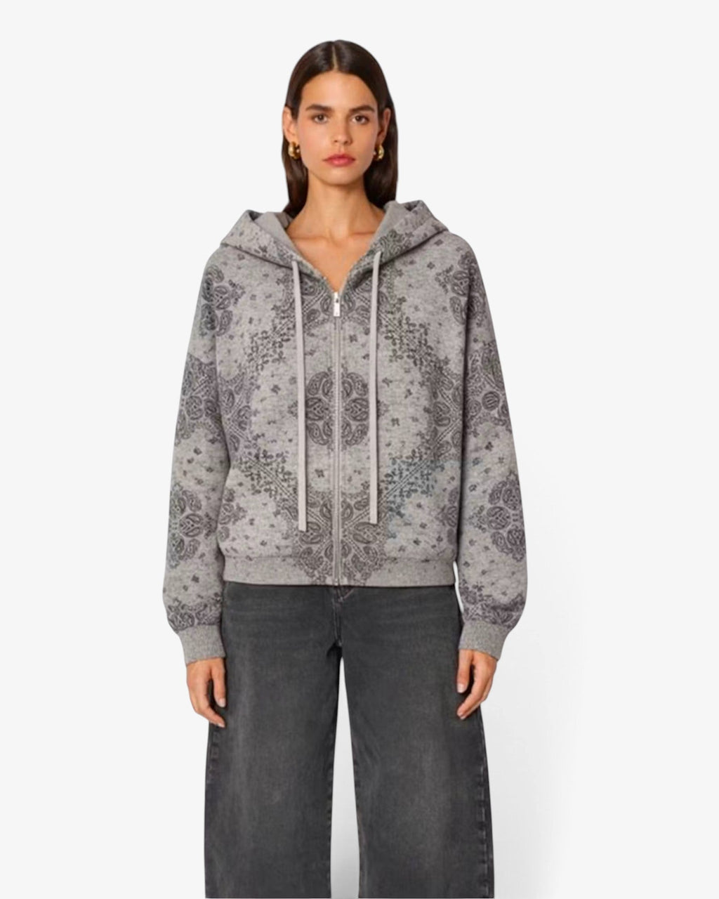 She Stories Berenice grey melange wool zip-up hoodie featuring a detailed bandana print and relaxed fit.