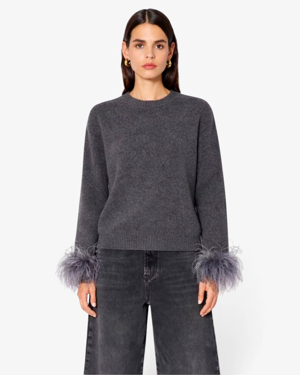 She Stories Berenice grey melange wool sweater with long sleeves and decorative feather cuffs