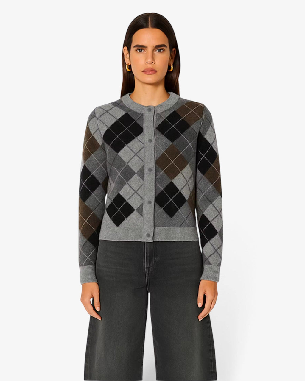 She Stories Berenice Merida wool cardigan featuring a grey, black, and brown argyle pattern with a round neck.