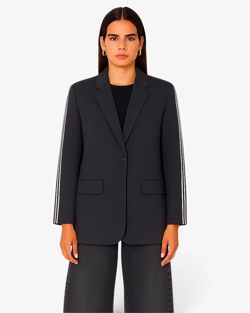 She Stories Berenice Milena dark grey wool blazer with a straight silhouette and contrasting stripes on the sleeves.