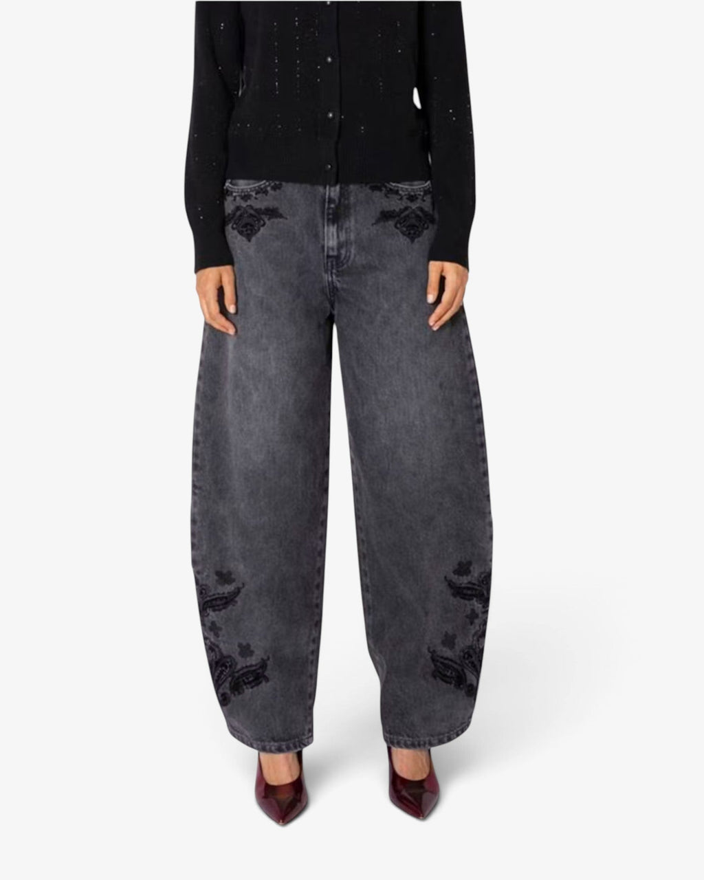 She Stories Berenice Pahoa high waist balloon fit jeans in anthracite denim with detailed black embroidery