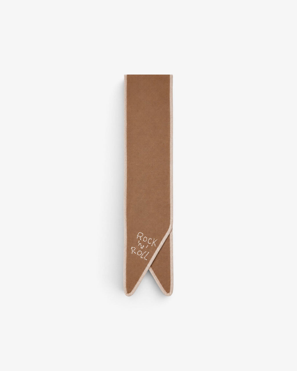 She Stories Ma Petite Capsule camel wool scarf with tapered ends, light trim, and embroidered Rock n Roll text