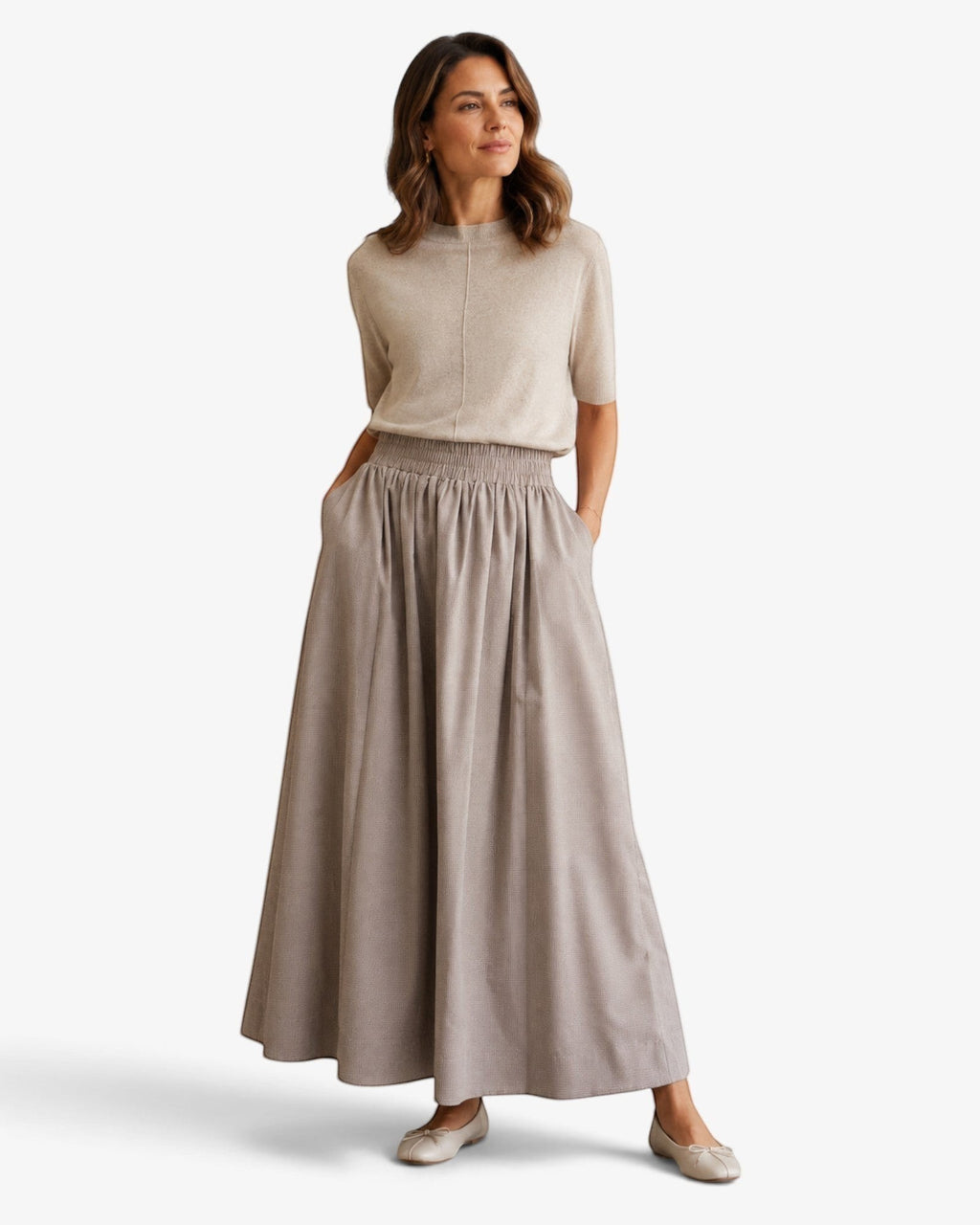 She Stories EST’SEVEN Aylin midirok in donkerbruin met verfijnde pinstripe en seersuckerstructuur