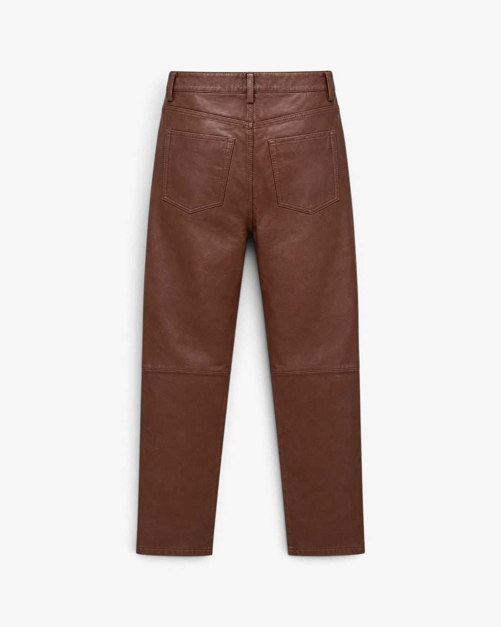 She Stories Est’seven Bellbarel leren broek in bruin rum raisin met five-pocket design en kniedetails.