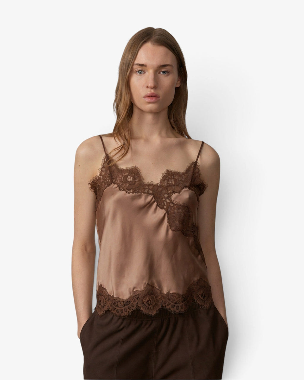 She Stories Herskind copper viscose camisole top with delicate lace trim detailing on the neckline and hem.
