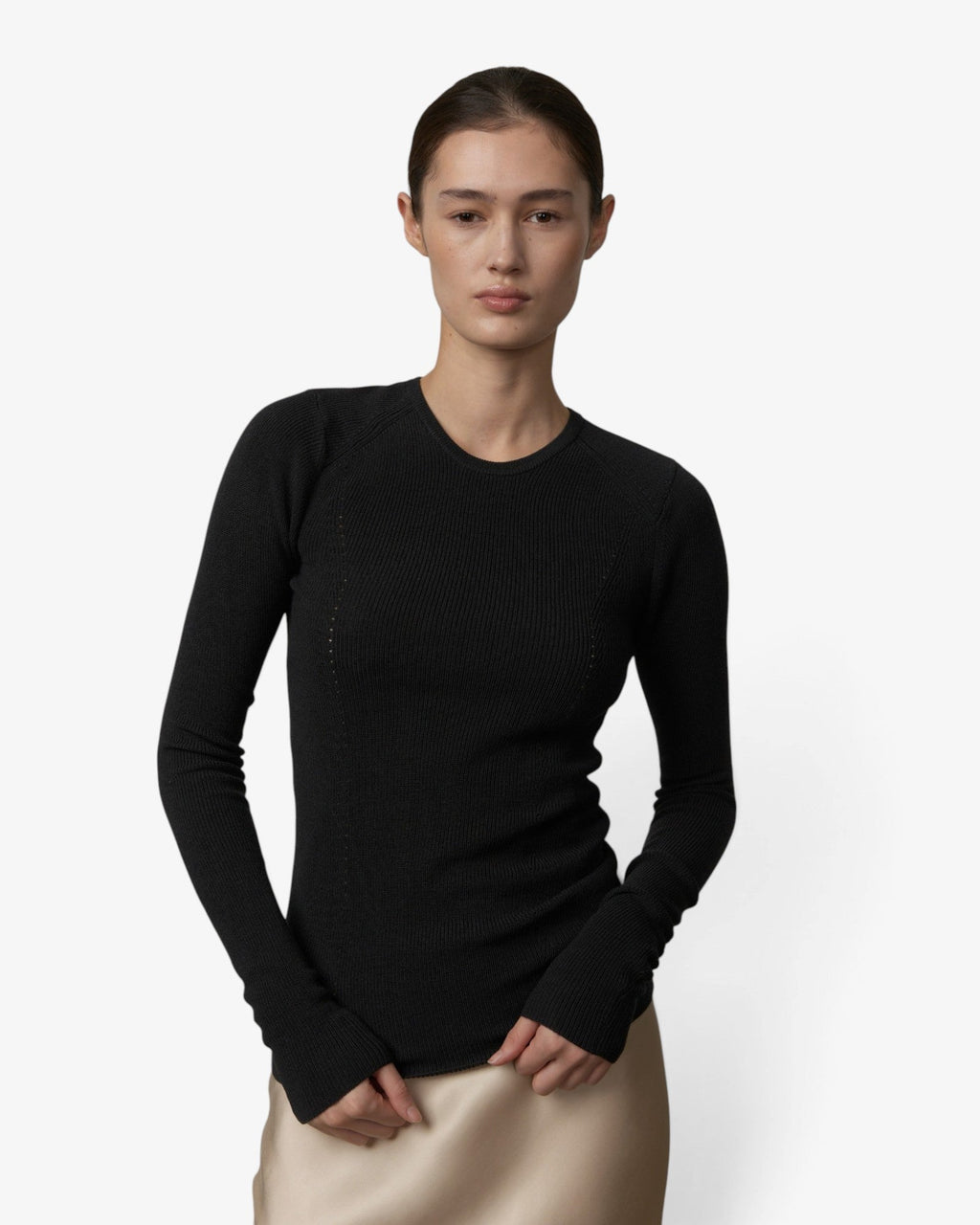 She Stories Herskind dark grey long-sleeve ribbed merino wool blouse with a crew neckline