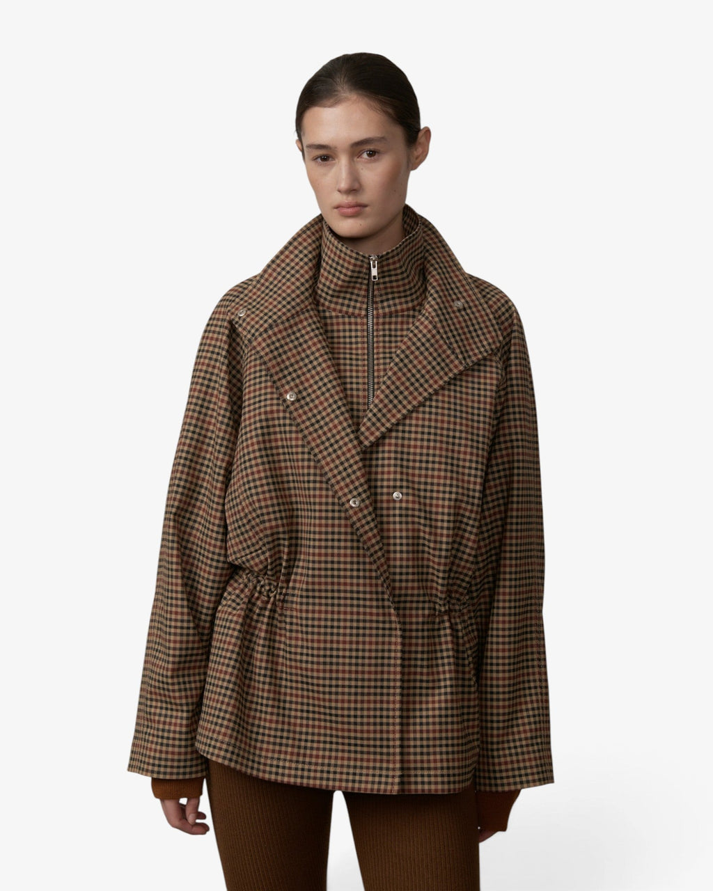 She Stories Herskind Leigh jacket in brown gun check wool blend with a high collar and cinched waist