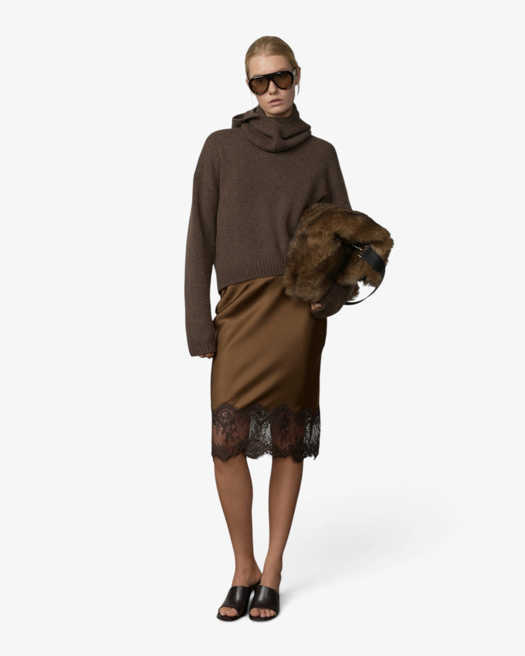 She Stories Herskind Herbert skirt in tobacco brown viscose with a delicate black lace hem detail
