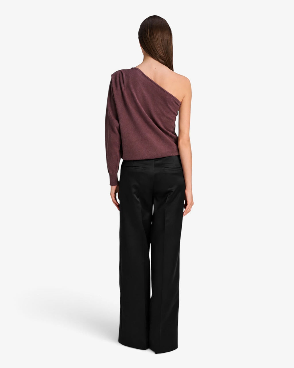 She Stories March23 Brisbane black wide-leg trousers in heavy satin with a high waist and tailored front seams.