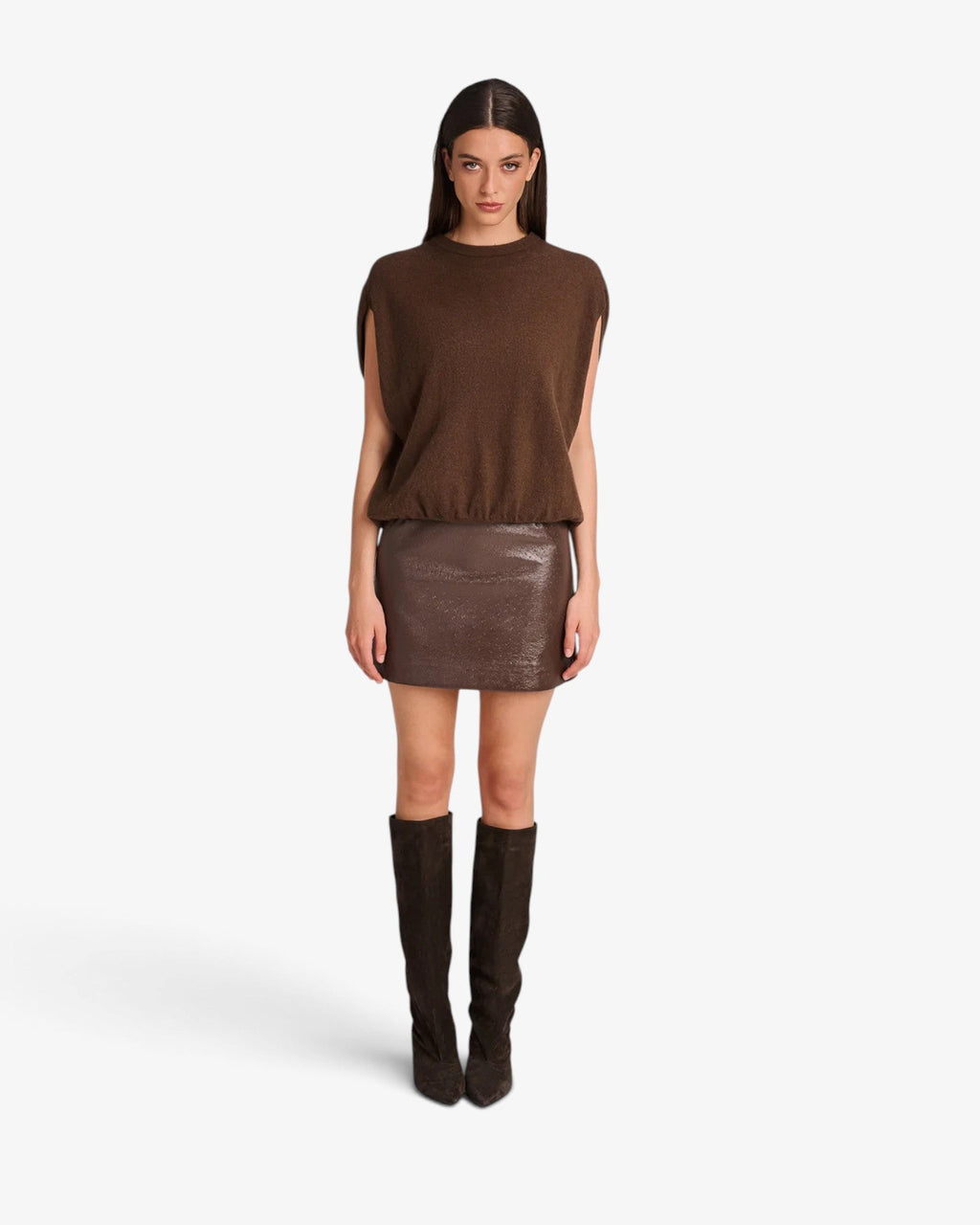 She Stories March23 sleeveless knit top in Vison brown with a round neckline and soft wool blend texture.