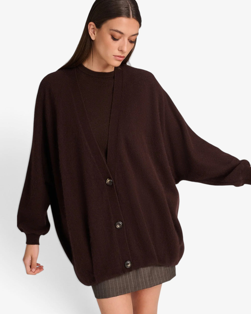 She Stories March23 Arran oversized chocolate brown long-sleeve cardigan with a V-neck and button closure.