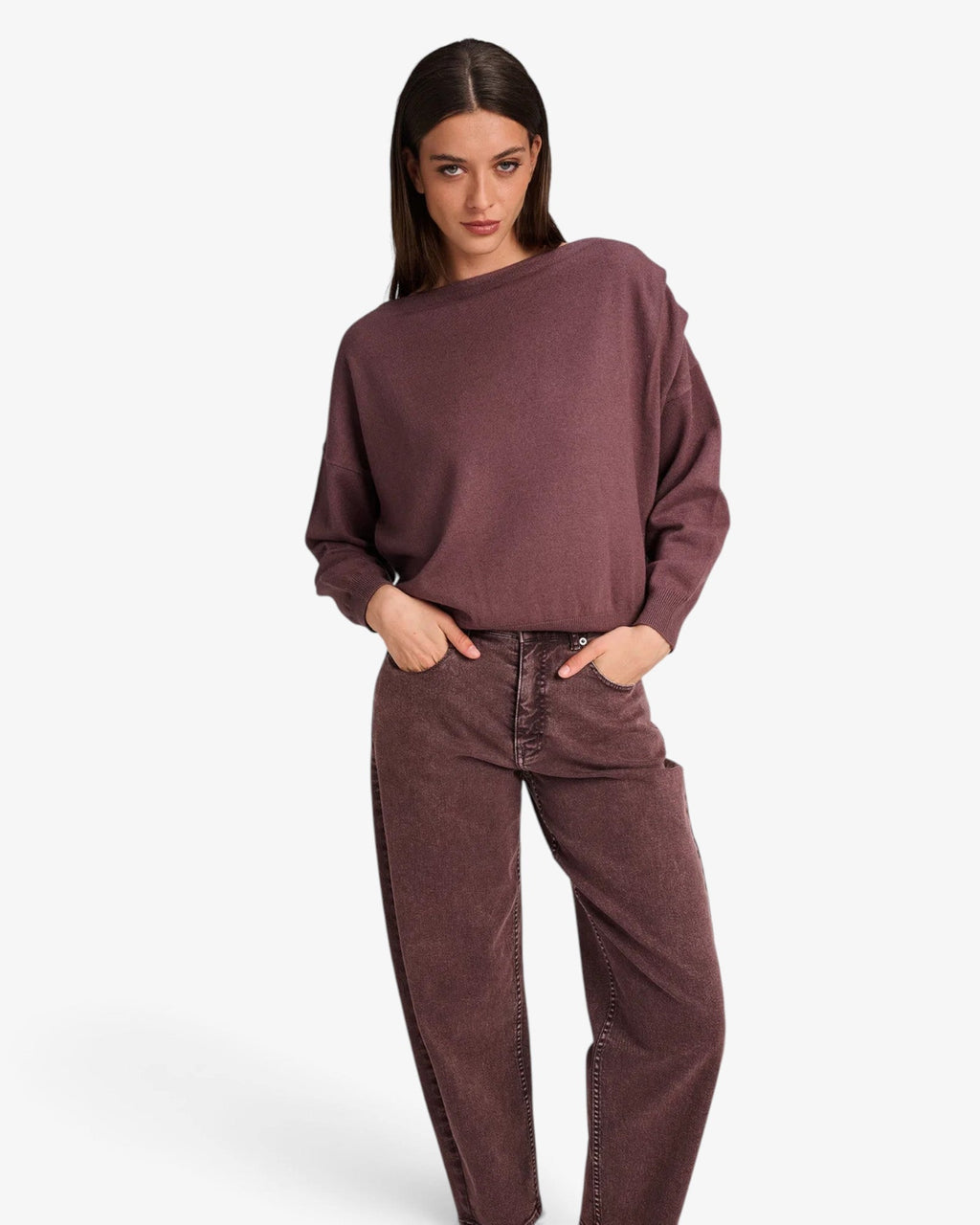 She Stories March23 Lisbon oversized grape knit sweater with a boat neckline and pleated shoulder detail.