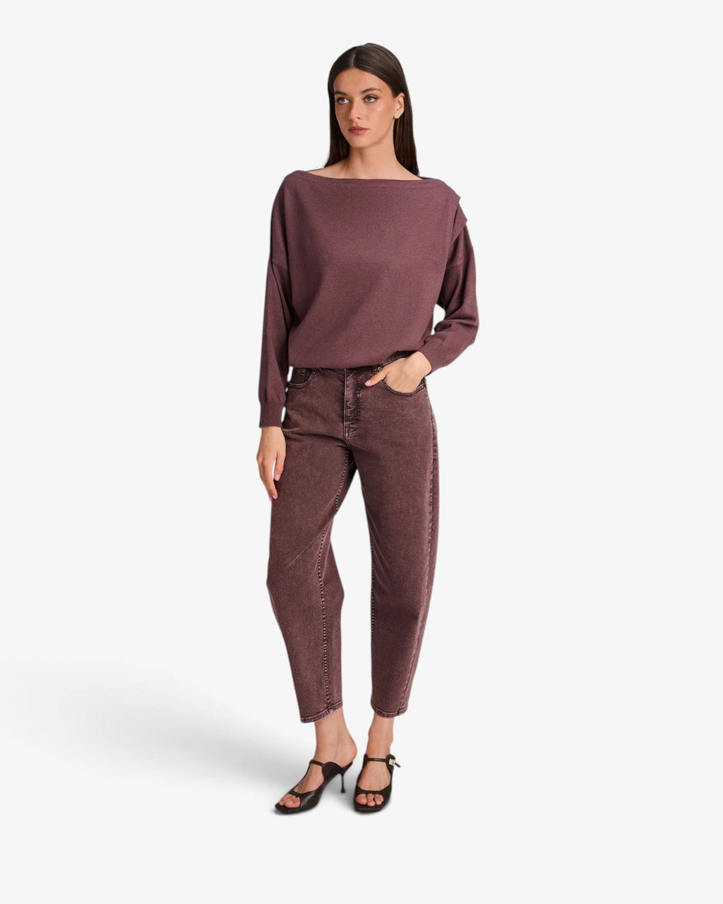 She Stories March23 Lima barrel leg jeans in a grape washed cotton denim with a relaxed fit and classic five-pocket