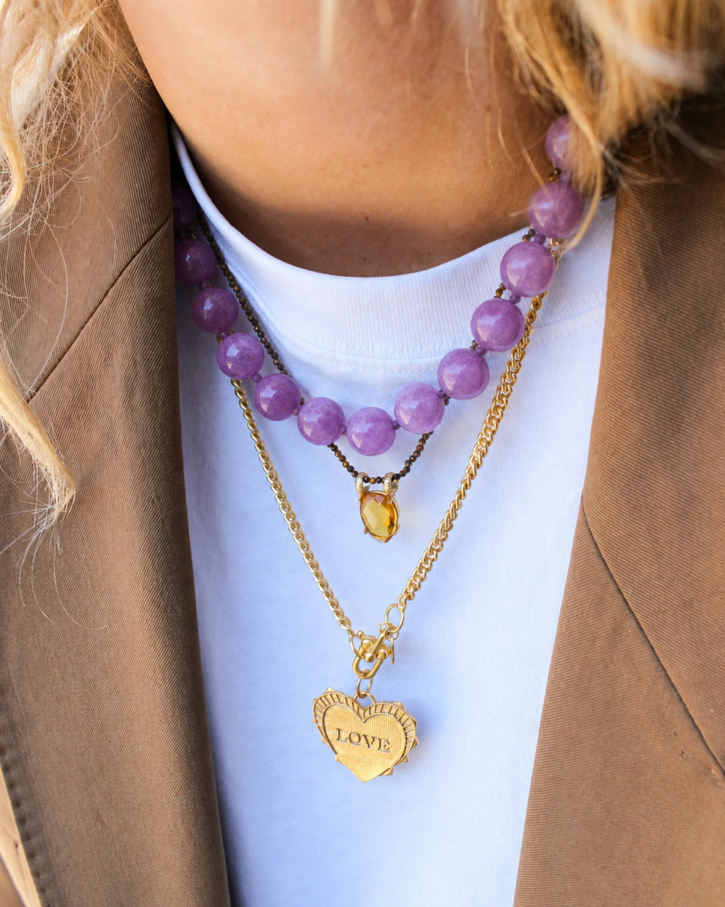 She Stories I am Jai necklace featuring purple jade beads and an 18k gold-plated brass toggle clasp