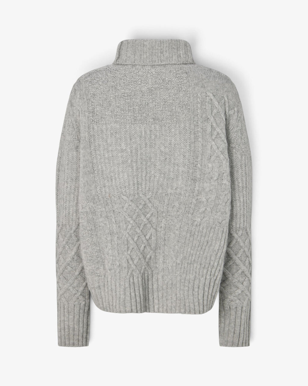 She Stories Rabens Saloner light grey melange wool and cashmere patchwork knit sweater with a high neck.