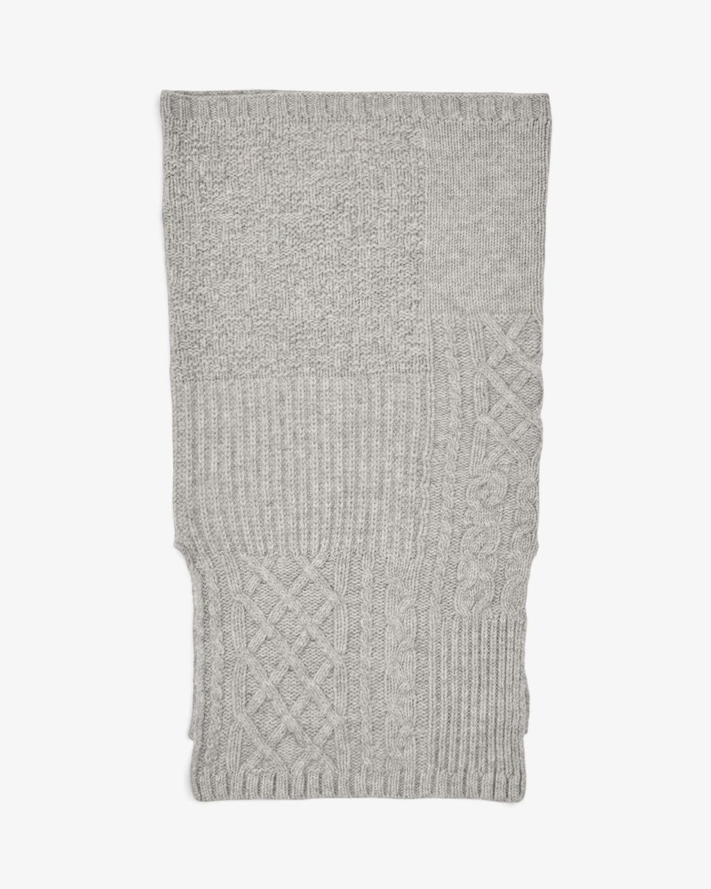 She Stories Rabens Saloner Tamy light grey melange wool and cashmere patchwork knit neck warmer with cable details.