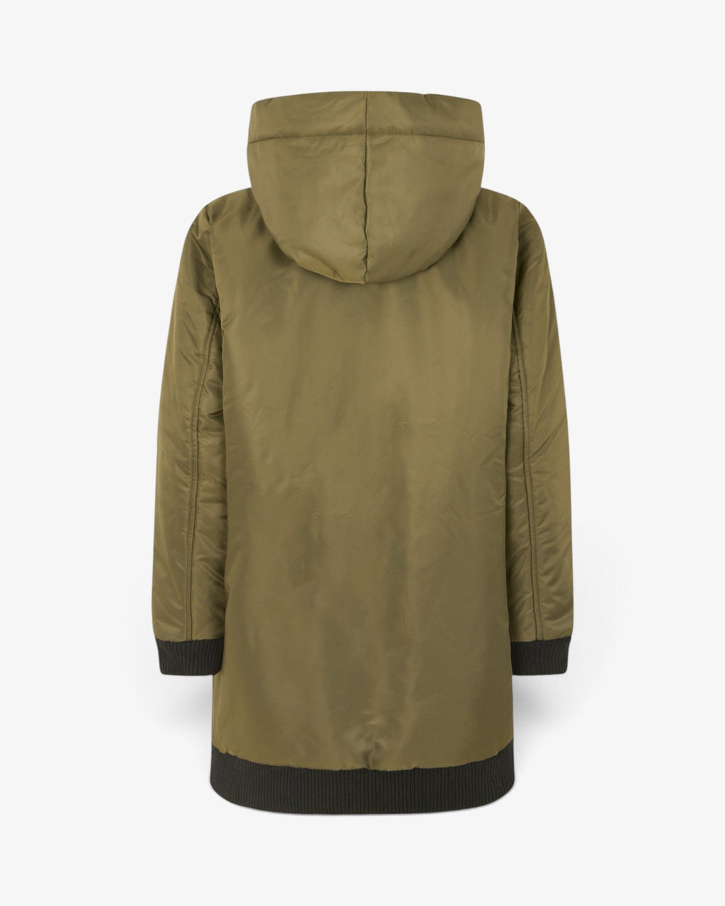 She Stories Rabens Saloner olive green oversized padded tech coat with a hood, zip closure, and ribbed cuffs.
