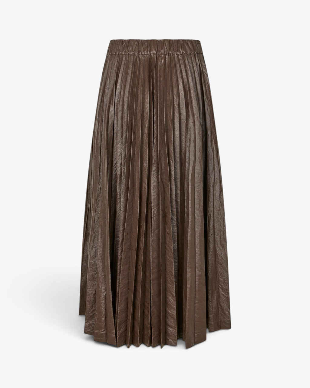 She Stories Rabens Saloner Simonia maxi skirt in French Toast brown pleated vegan leather with an elastic waistband.