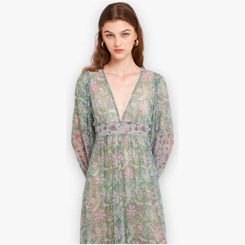 aqua-blauwe-dames-maxi-jurk-met-print-v-hals-lange-ballonmouwen-strikceintuur-loah-van-antik-batik-she-stories-gwen