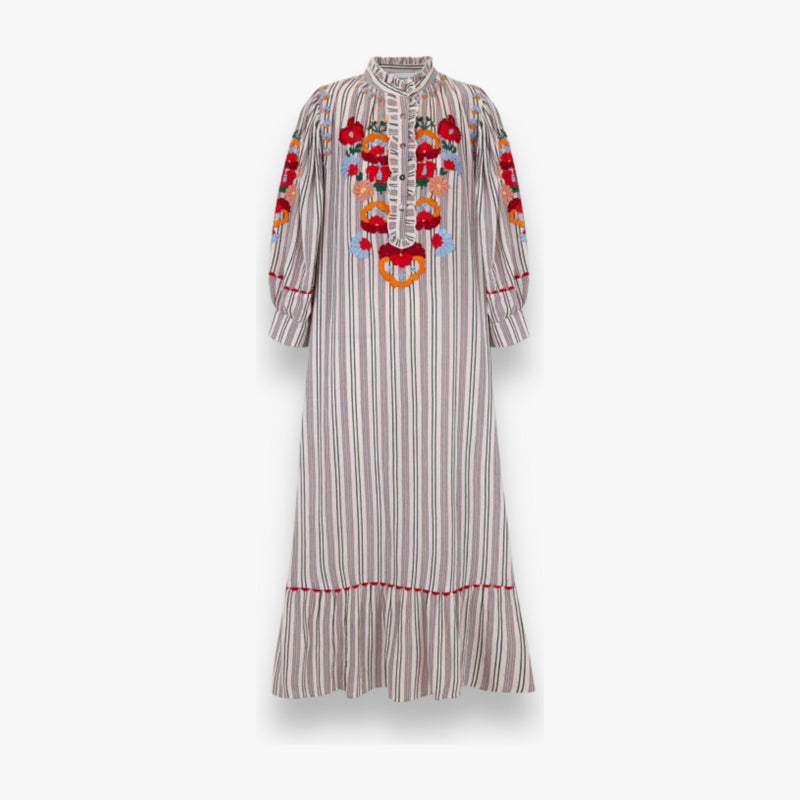 multicolor-dames-midi-jurk-met-geborduurde-bloemen-ruffle-plooien-stripes-juliette-van-antik-batik-she-stories-gwen