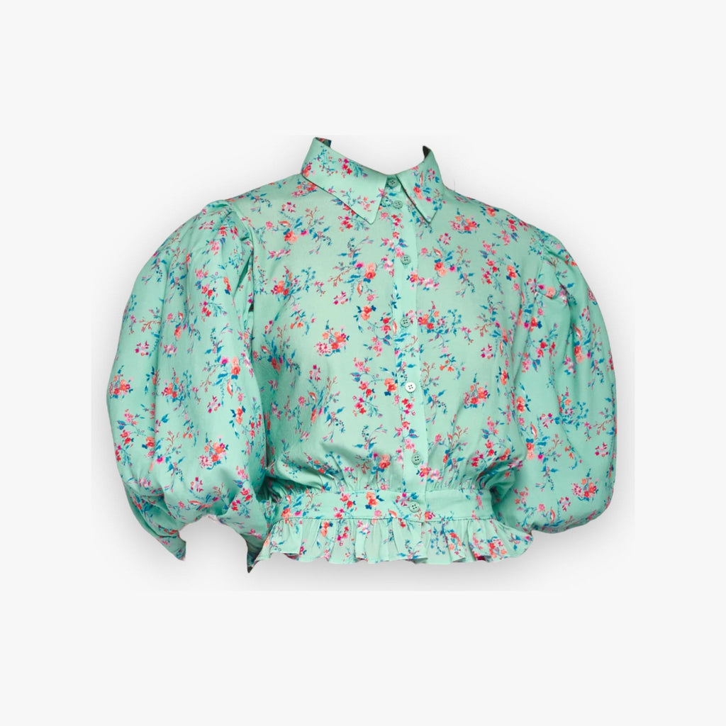 turquoise-bloemenprint-dames-blouse-kraag-2/4e-lange-pofmouwen-elastiek-ruche-bij-zoom-van-silvian-heach-she-stories-gwen