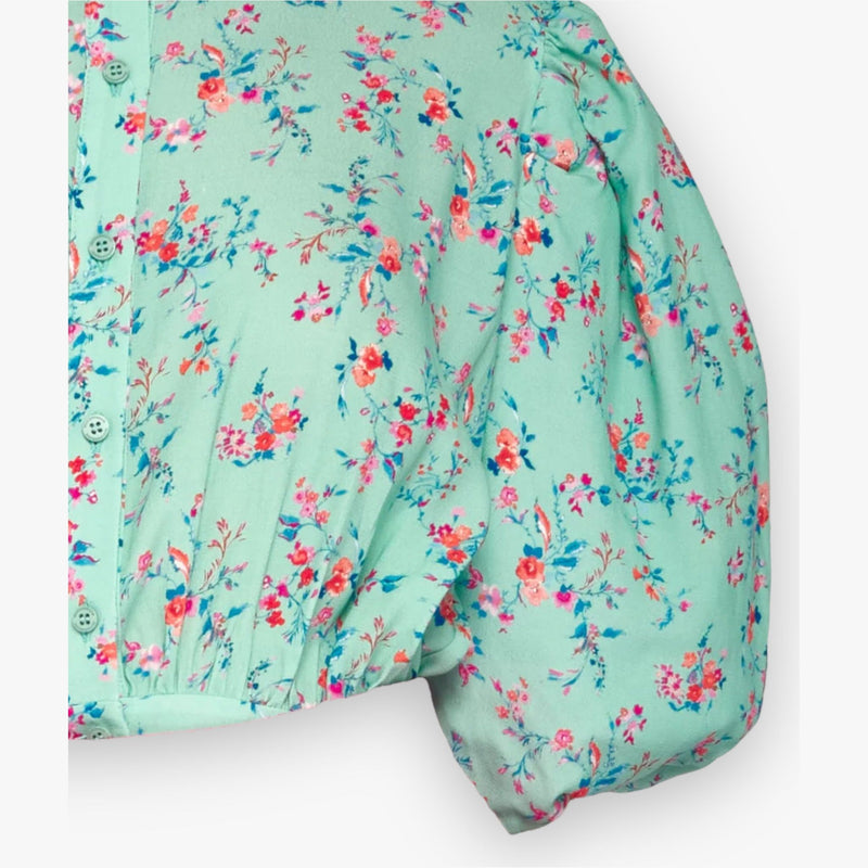 turquoise-bloemenprint-dames-blouse-kraag-2/4e-lange-pofmouwen-elastiek-ruche-bij-zoom-van-silvian-heach-she-stories-gwen